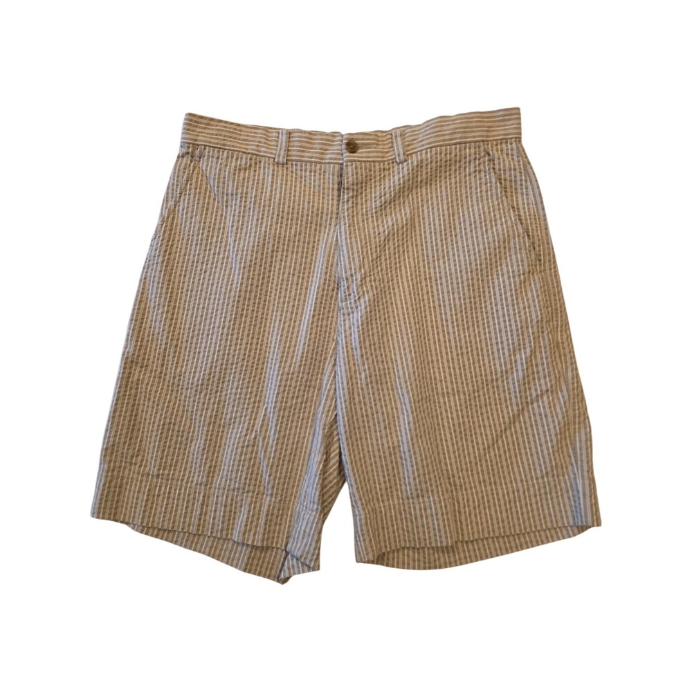 Pusser's West Indies Shorts Mens 32 Tan White Stripe Pleated Cotton 8.5" Inseam